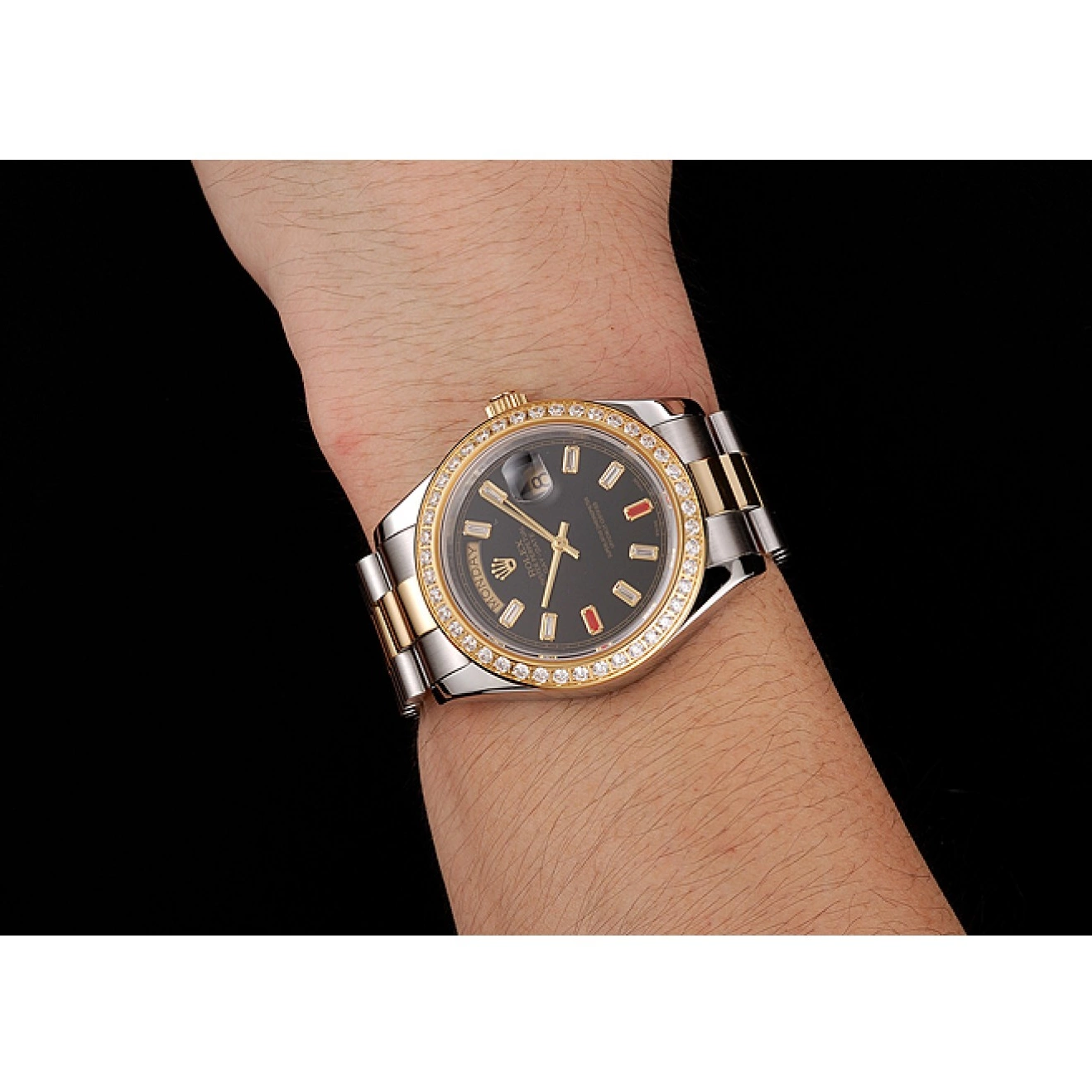 Good copy rolex watches Dial Black 1454105 Rolex Two Day-Date Rubies And Diamonds Bracelet Swiss Tone 0717
